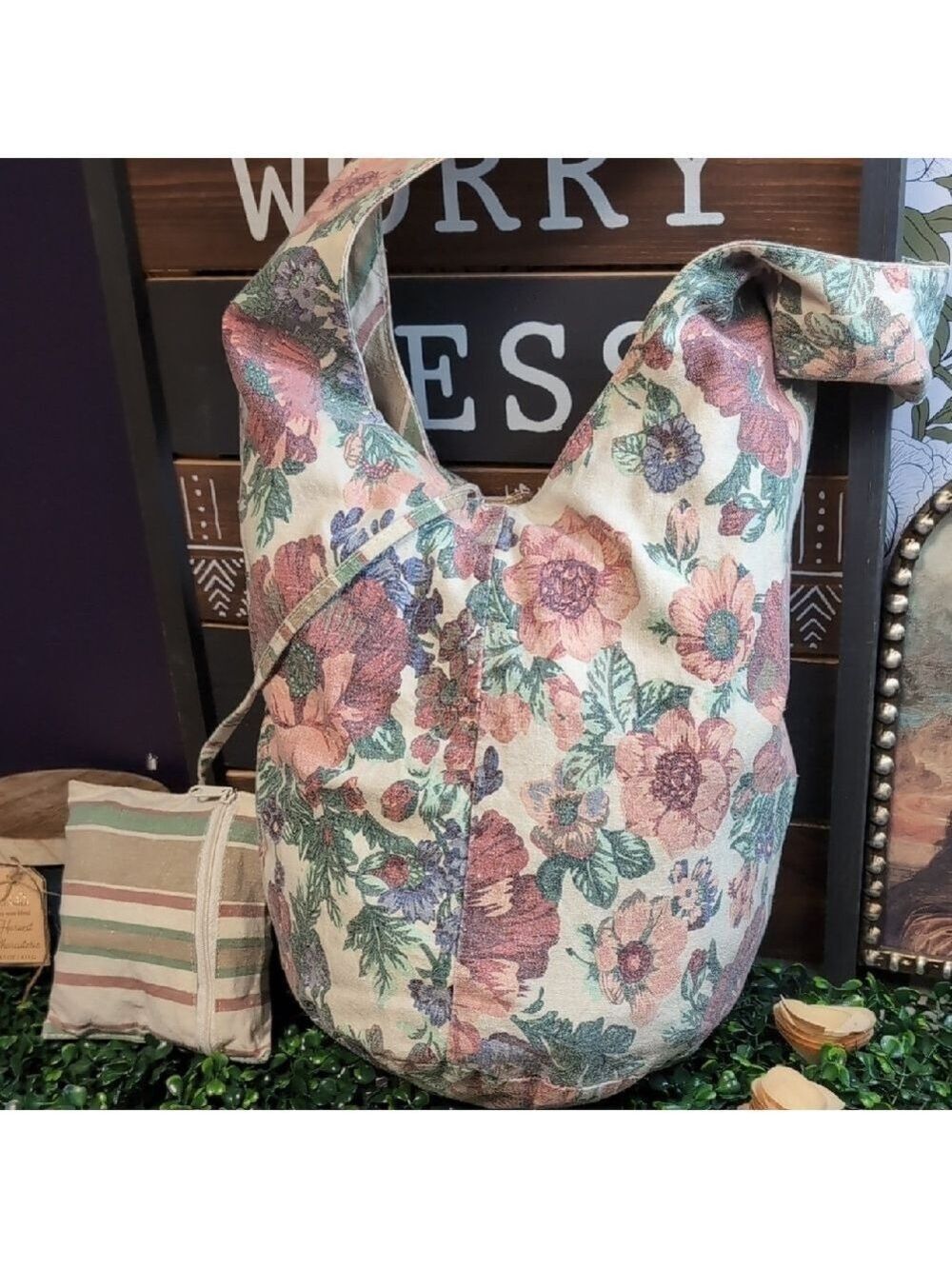 Floral OR Stripe Canvas Hobo Sling Bag - Picture 2 of 8